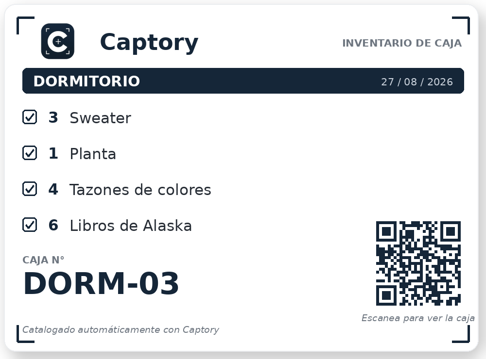 Original label for box DORM-03, matching the items and quantities on the phone, with its QR code. Label preview in Spanish.