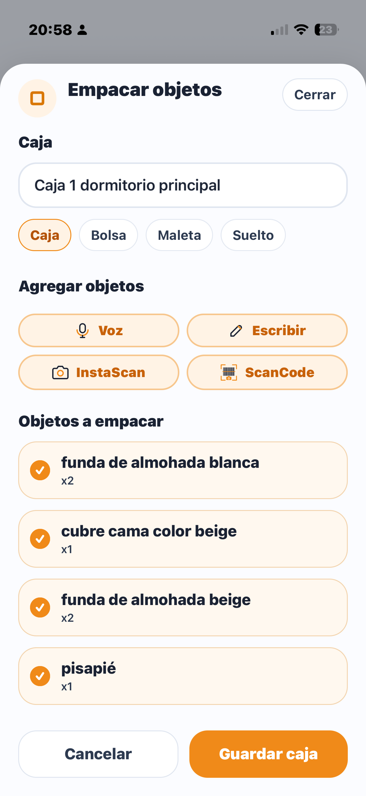 Pantalla de Captory para empacar objetos y agregar por voz, escritura, InstaScan o ScanCode