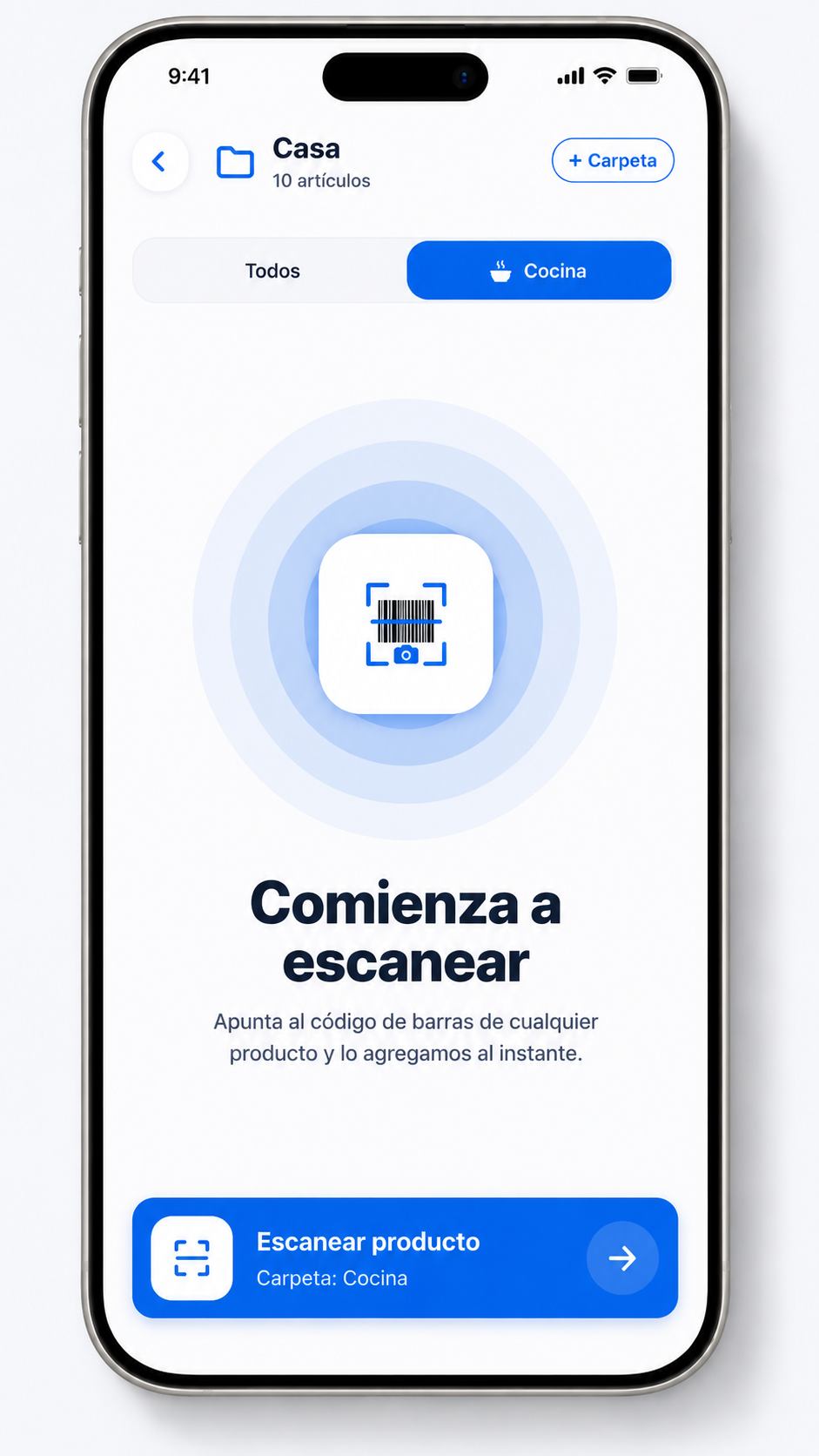 Pantalla de Captory para comenzar a escanear códigos