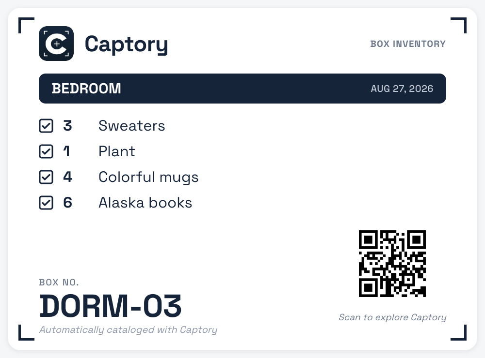 Original label for box DORM-03, matching the items and quantities on the phone, with its QR code. English demo label; its QR code opens the Captory website.