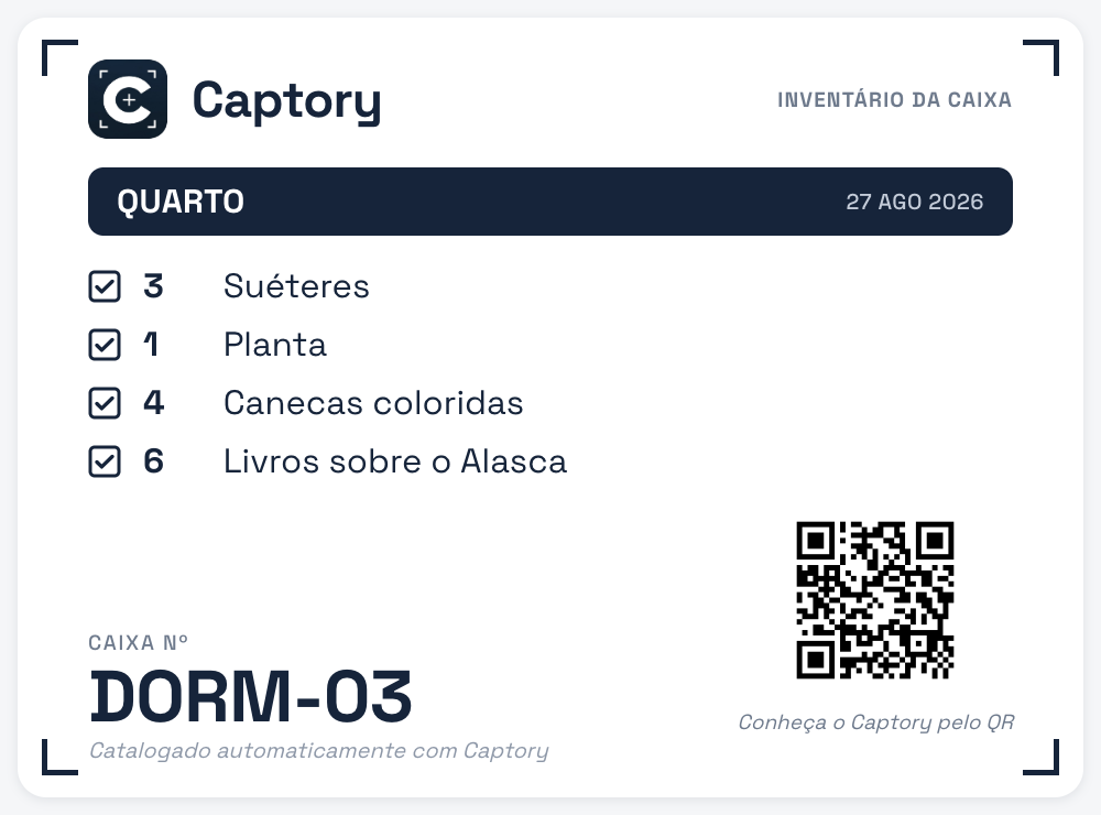 Etiqueta da caixa DORM-03, com os mesmos itens e quantidades do celular. O código QR desta demonstração abre o site do Captory em português.